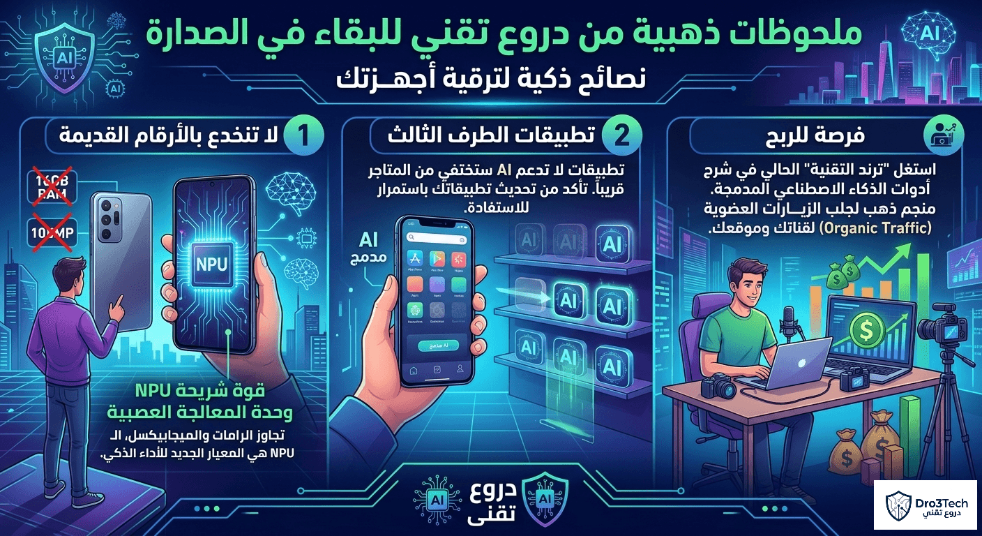 إنفوجرافيك يوضح نصائح ذهبية من موقع دروع تقني حول ترند الذكاء الاصطناعي المدمج، ويشمل أهمية معالج NPU، تحديث تطبيقات الطرف الثالث، وفرص الربح لصناع المحتوى.