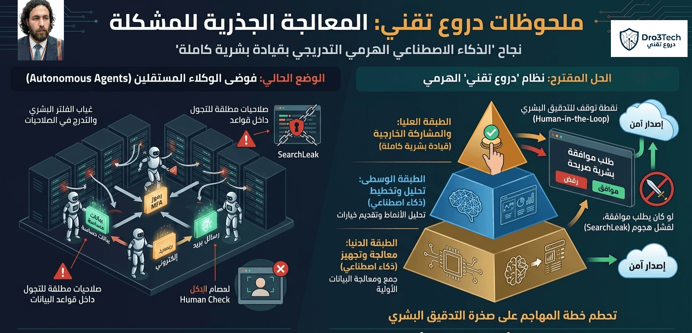 Infographic comparing autonomous AI agent risks with the Dro3 Tech hierarchical AI methodology featuring human-in-the-loop oversight to prevent security breaches and data exfiltration.