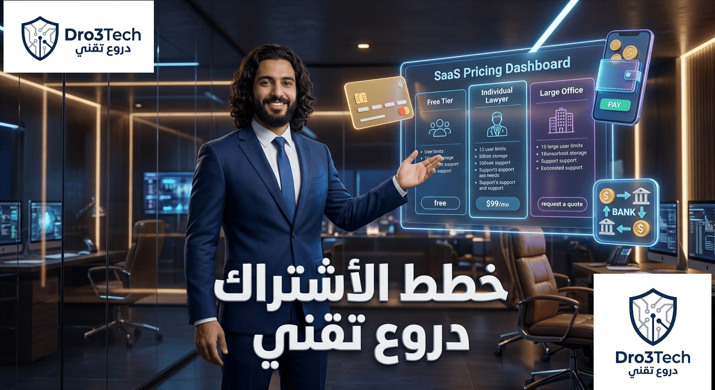 رسم توضيحي ثلاثي الأبعاد لخبير تقني يعرض لوحة اشتراكات SaaS متطورة لتطبيق دروع تقني للمحامين. اللوحة تتضمن خططاً مرنة تشمل النسخة المجانية، والمحامي الفرد، والمكاتب الكبرى. تحيط باللوحة أيقونات عائمة ثلاثية الأبعاد لطرق الدفع مثل البطاقات البنكية، المحافظ الإلكترونية، والتحويلات. نص عربي بارز ومجسم يعرض: "خطط الاشتراك" و"دروع تقني" في بيئة مكتب قانوني حديث.