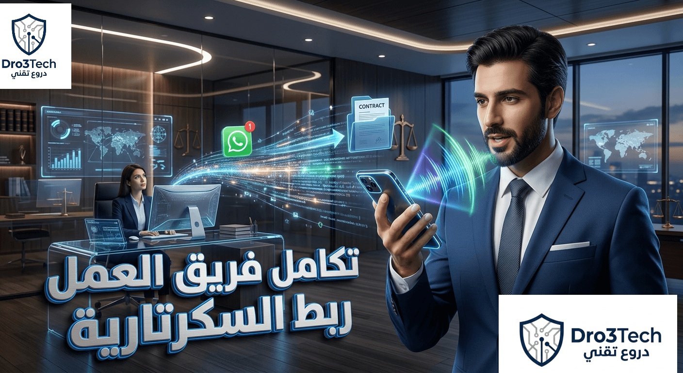 رسم توضيحي ثلاثي الأبعاد لمحامٍ يستخدم تطبيق دروع تقني لإصدار أمر صوتي، مع مسار بيانات رقمي مضيء يربط هاتفه بمكتب السكرتيرة في الخلفية لنقل إشعارات واتساب ومجلدات مستندات قانونية. نص عربي مجسم يعرض: "تكامل فريق العمل" و"ربط السكرتارية". بيئة مكتب محاماة متطورة.
