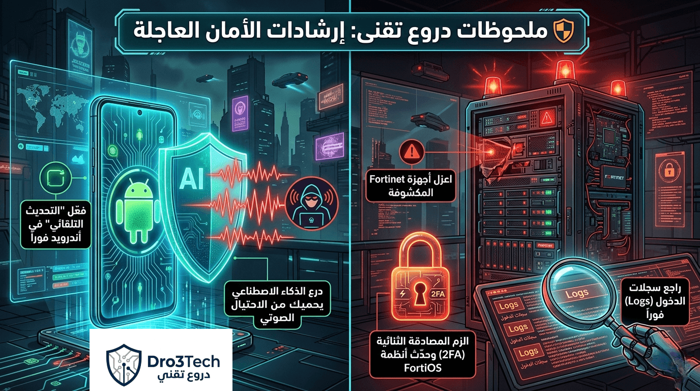 ​"إنفوجرافيك ملحوظات دروع تقنى الأمنية: توجيهات للمستخدمين بتفعيل التحديثات التلقائية في أندرويد للحماية من الاحتيال الصوتي، وإجراءات عاجلة لمسؤولي الشبكات لعزل وتحديث أجهزة Fortinet وتفعيل المصادقة الثنائية (2FA) لصد الهجمات."