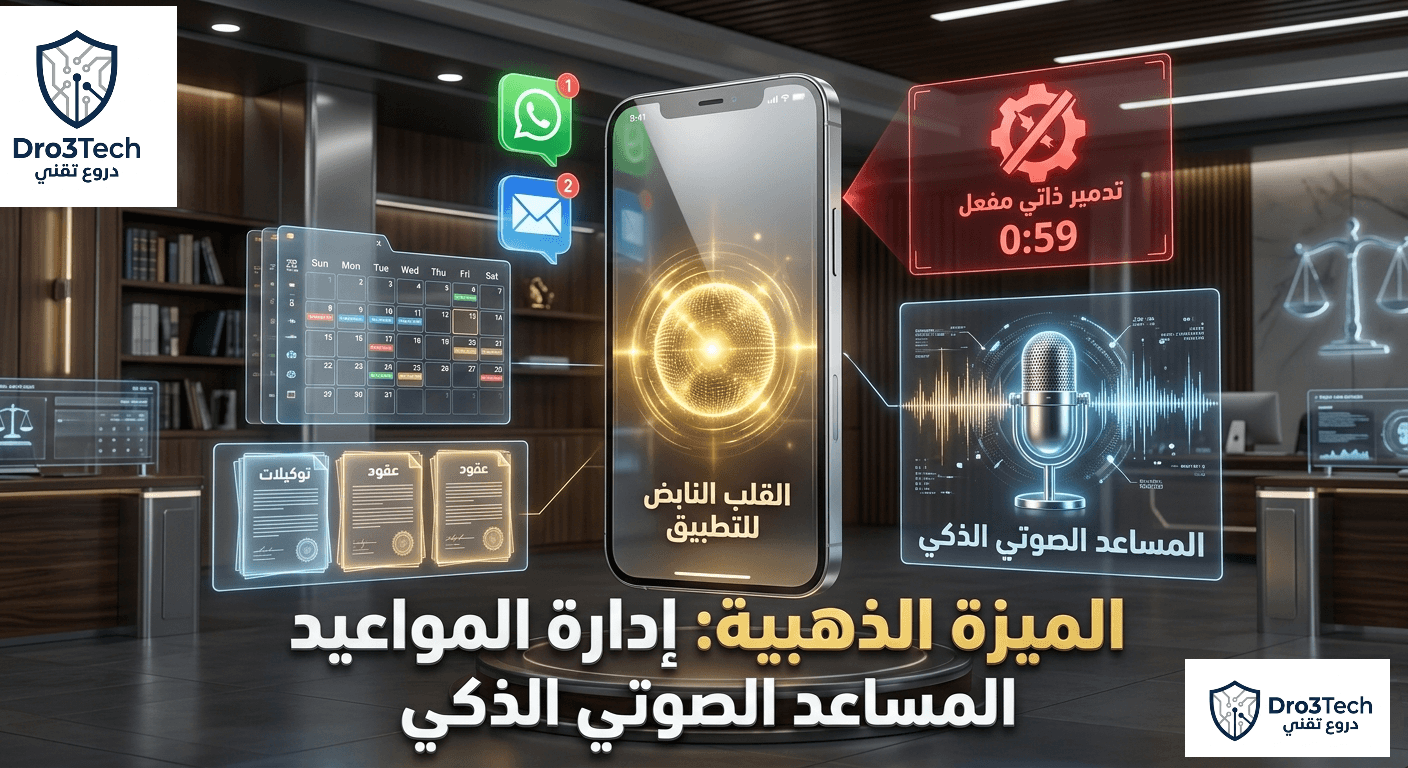 هاتف ذكي يعرض تطبيق دروع تقني للمحامين، يتوسطه قلب نابض ذهبي لإدارة المواعيد والجلسات، مع أيقونات إشعارات واتساب وبريد إلكتروني. بجانبه أيقونة ميكروفون هولوغرامية تمثل المساعد الصوتي الذكي، وفوقها إشعار أحمر تحذيري يعبر عن ميزة التدمير الذاتي عند إعطاء أوامر غير قانونية. نص عربي ثلاثي الأبعاد يعرض: الميزة الذهبية إدارة المواعيد، والمساعد الصوتي الذكي.