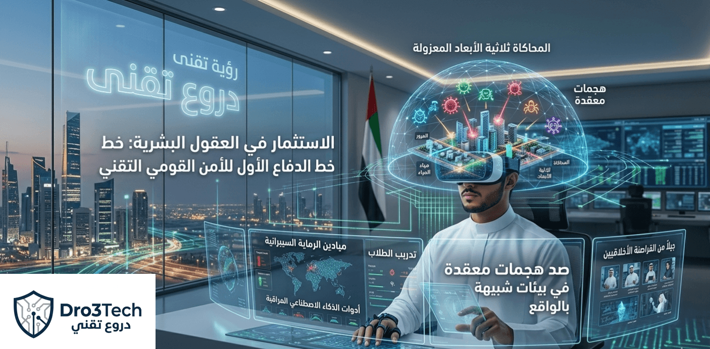 تصميم يوضح رؤية منصة دروع تقني في دمج الواقع الافتراضي مع ميادين الرماية السيبرانية لتدريب محللي النظم والقراصنة الأخلاقيين