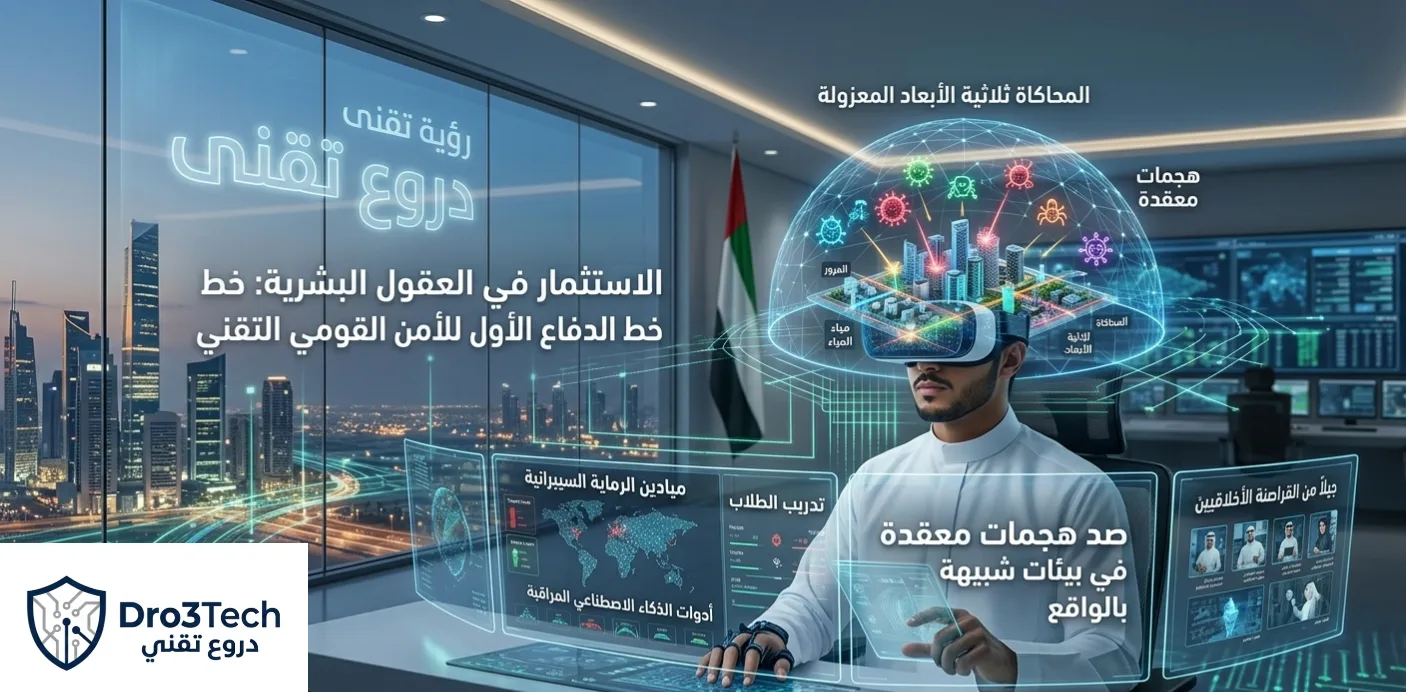 تصميم يوضح رؤية منصة دروع تقني في دمج الواقع الافتراضي مع ميادين الرماية السيبرانية لتدريب محللي النظم والقراصنة الأخلاقيين