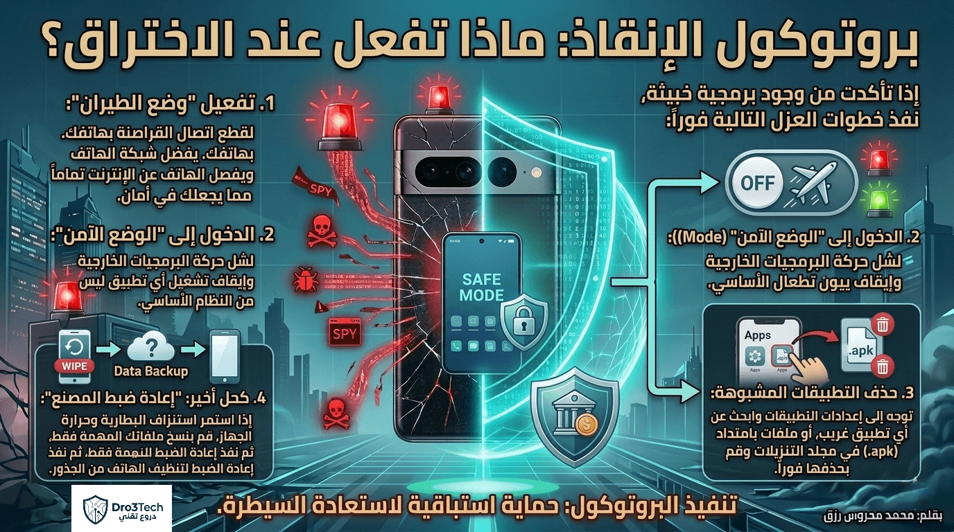 إنفوجرافيك تعليمي من دروع تقني يوضح خطوات "بروتوكول الإنقاذ" للتعامل مع اختراق الهاتف، بما في ذلك وضع الطيران، الوضع الآمن، وإعادة ضبط المصنع.