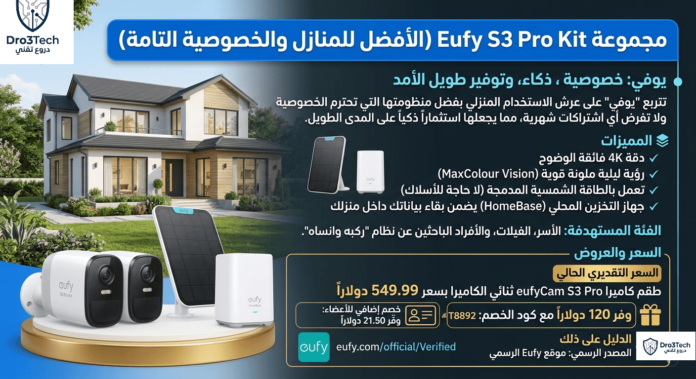 تصميم إنفوجرافيك احترافي لمجموعة كاميرات المراقبة الذكية Eufy S3 Pro Kit يستعرض المميزات الأمنية والأسعار، مع خلفية لفيلا حديثة ومنصة ذهبية تعرض الكاميرات ولوح الطاقة الشمسية ووحدة التخزين HomeBase.