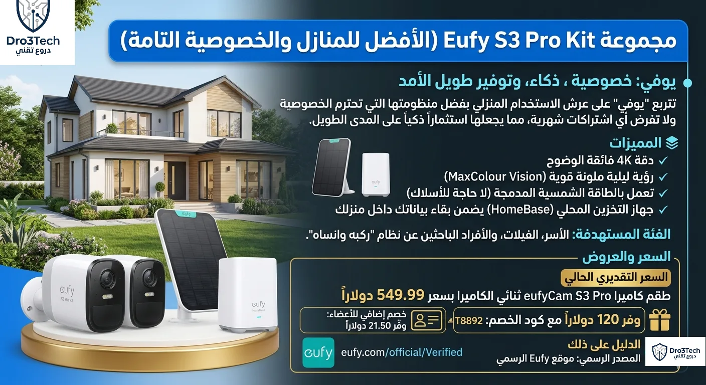 تصميم إنفوجرافيك احترافي لمجموعة كاميرات المراقبة الذكية Eufy S3 Pro Kit يستعرض المميزات الأمنية والأسعار، مع خلفية لفيلا حديثة ومنصة ذهبية تعرض الكاميرات ولوح الطاقة الشمسية ووحدة التخزين HomeBase.