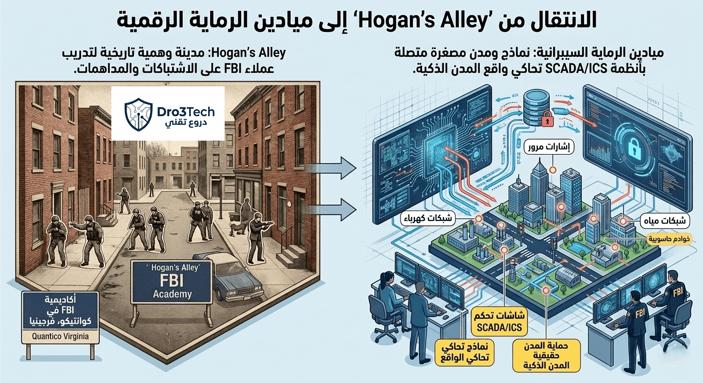 إنفوجرافيك يوضح انتقال تدريب الـ FBI من مدينة هوغانز آلي الوهمية للتدريب التكتيكي إلى ميادين الرماية السيبرانية الرقمية والمدن الذكية