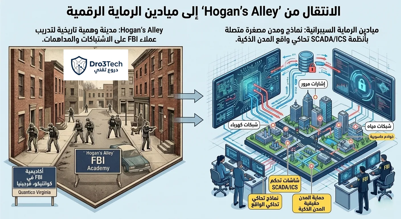 إنفوجرافيك يوضح انتقال تدريب الـ FBI من مدينة هوغانز آلي الوهمية للتدريب التكتيكي إلى ميادين الرماية السيبرانية الرقمية والمدن الذكية