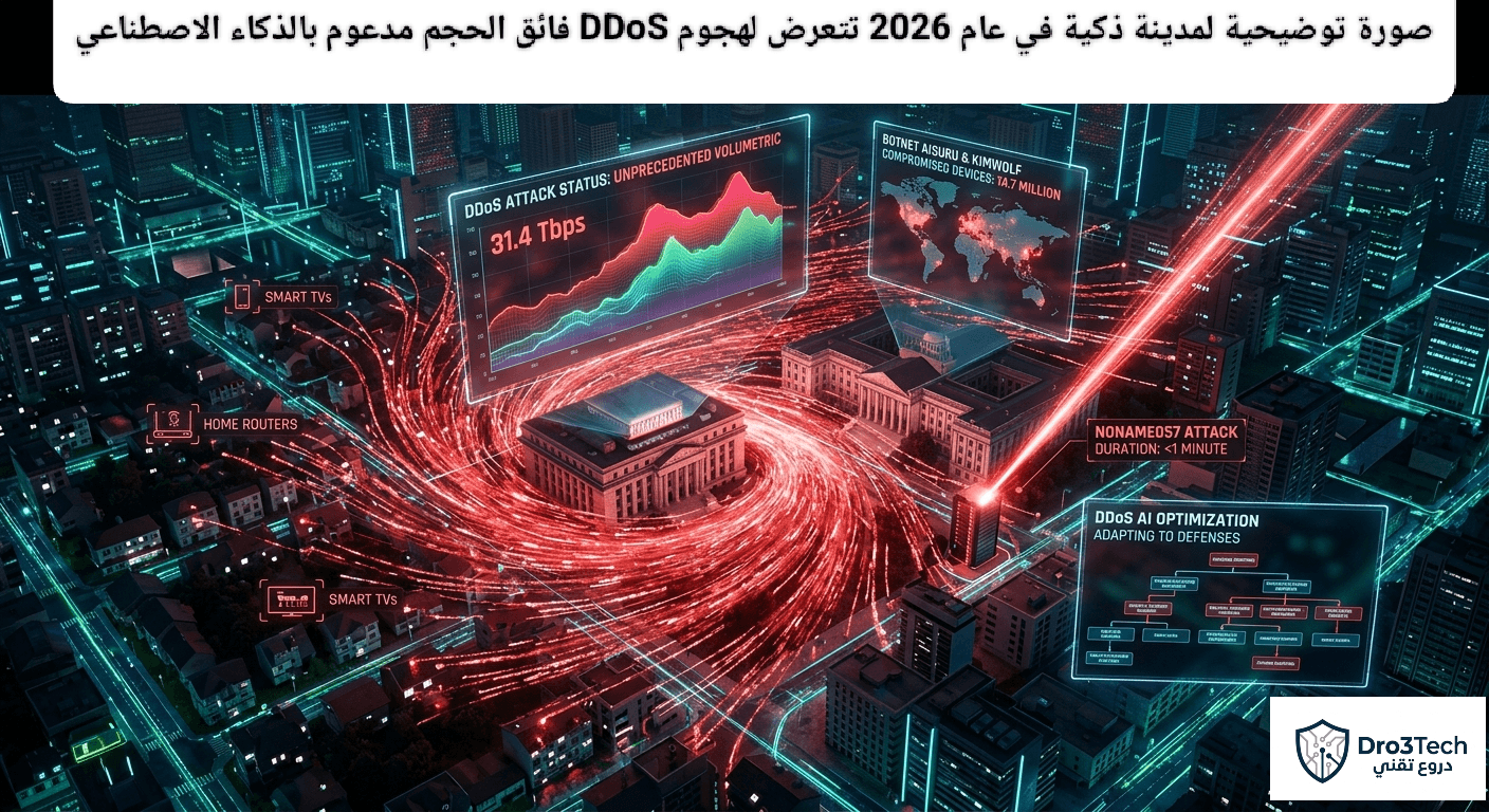 صورة توضيحية لمدينة ذكية في عام 2026 تتعرض لهجوم DDoS فائق الحجم مدعوم بالذكاء الاصطناعي، يظهر ذروة 31.4 تيرابت في الثانية وشبكات البوت نت Aisuru و Kimwolf وهجوم NoName057.