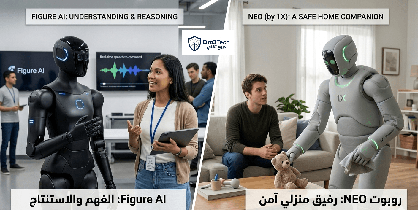 مقارنة باللغة العربية بين روبوت Figure AI للفهم والاستنتاج الذكي وروبوت 1X NEO الرفيق المنزلي الآمن الخفيف.