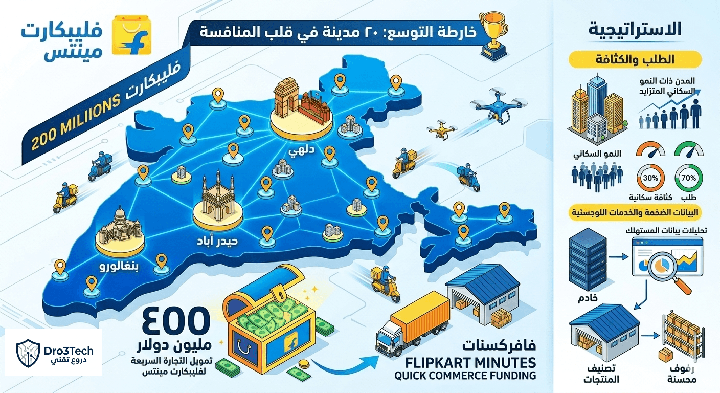 خريطة إنفوجرافيك باللغة العربية توضح خطة توسع خدمة فليبكارت مينتس في 20 مدينة هندية مع استثمار بقيمة 400 مليون دولار.