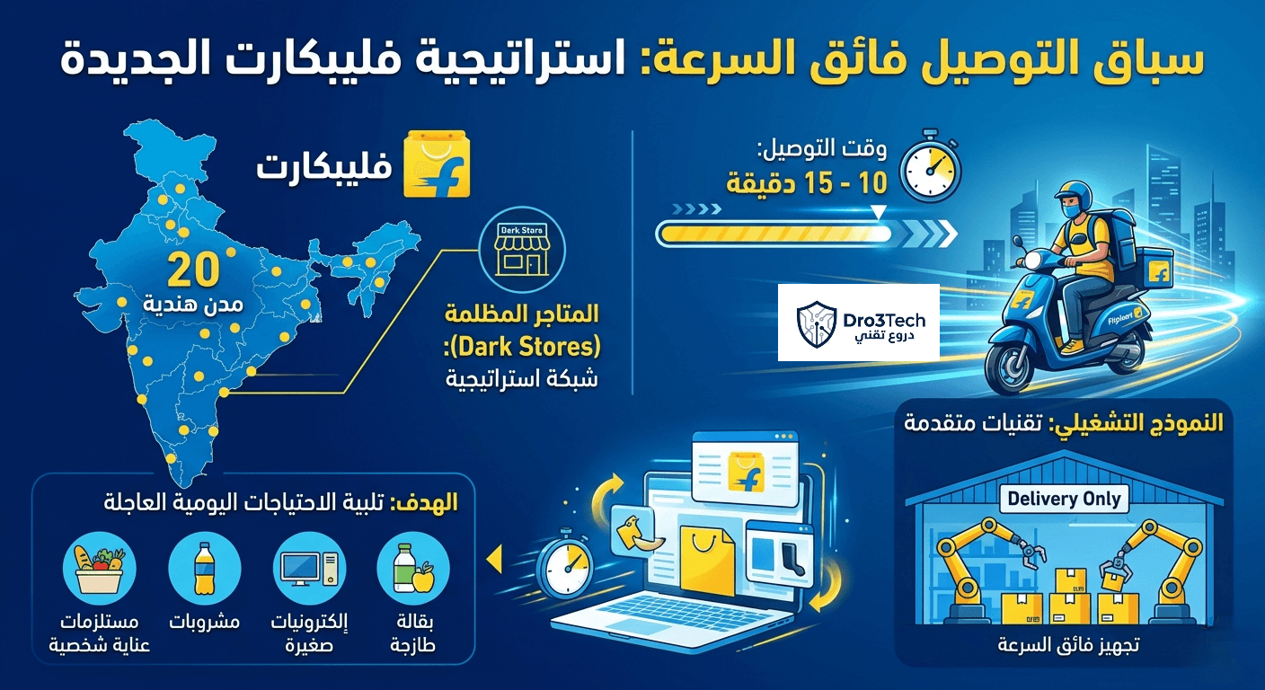 إنفوجرافيك يوضح استراتيجية فليبكارت الجديدة للتوصيل الفائق السرعة في الهند خلال 10 إلى 15 دقيقة مع خريطة انتشار الخدمة والمتاجر المظلمة.