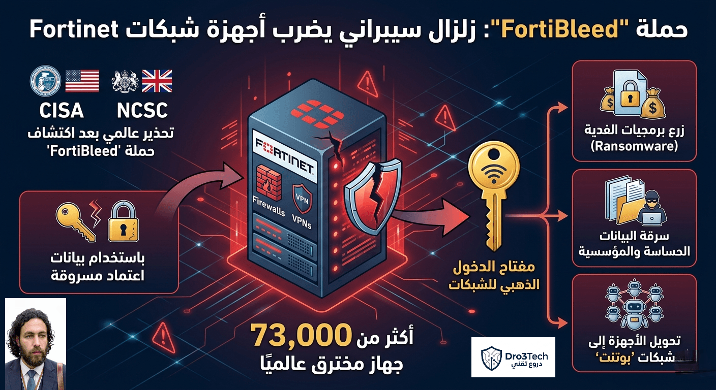 إنفوجرافيك يوضح تفاصيل حملة الاختراق السيبراني FortiBleed التي استهدفت أكثر من 73,000 جهاز من جدران الحماية وشبكات VPN التابعة لشركة Fortinet عالمياً، مع تحذيرات من وكالات CISA و NCSC."