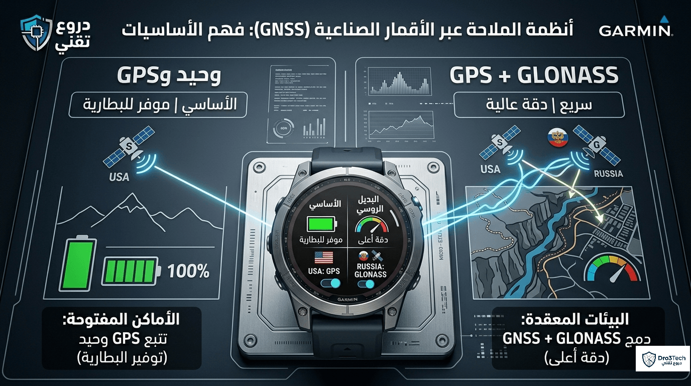 ​مقارنة بين إعدادات GPS و GLONASS في ساعات جارمن لتوضيح دقة التتبع واستهلاك البطارية.