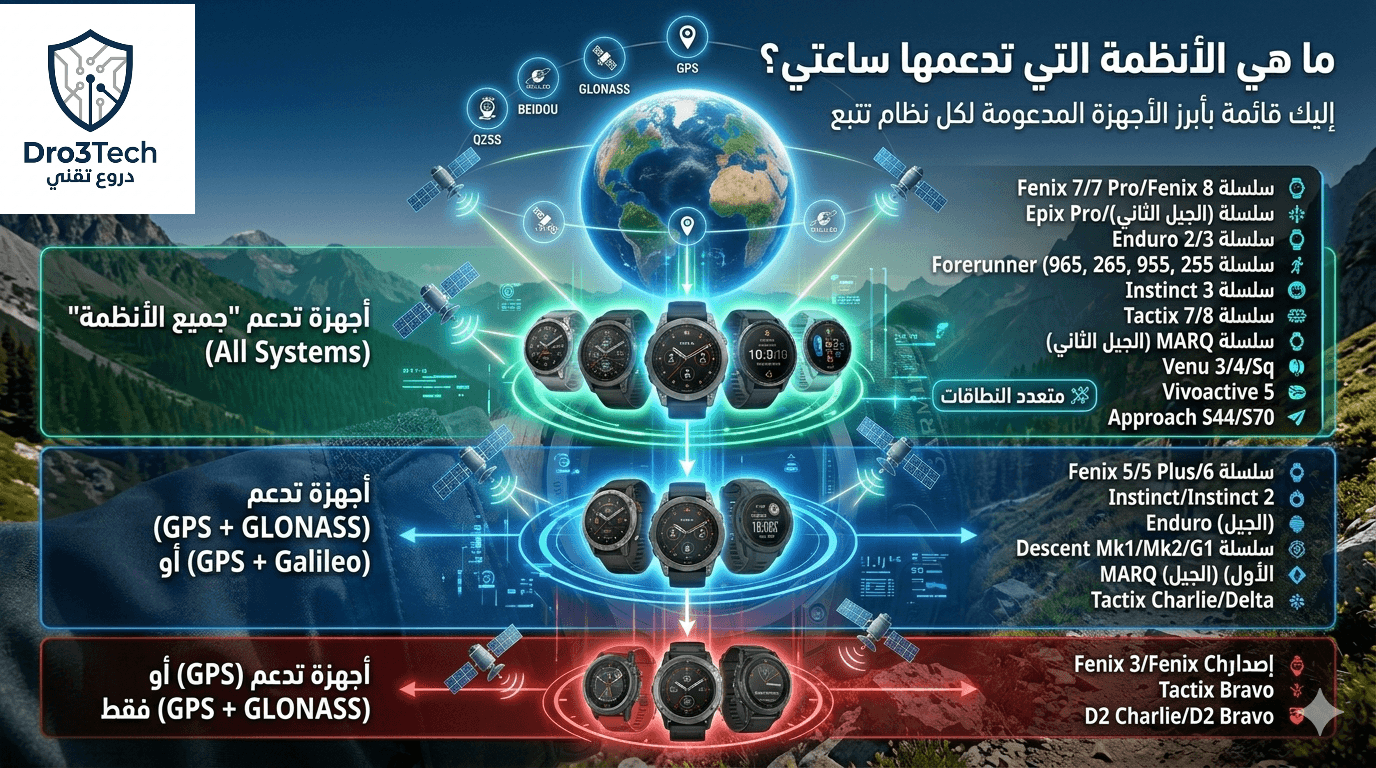 قائمة توضح توافق ساعات جارمن مع أنظمة الملاحة المختلفة مثل GPS و GLONASS وجميع الأنظمة.