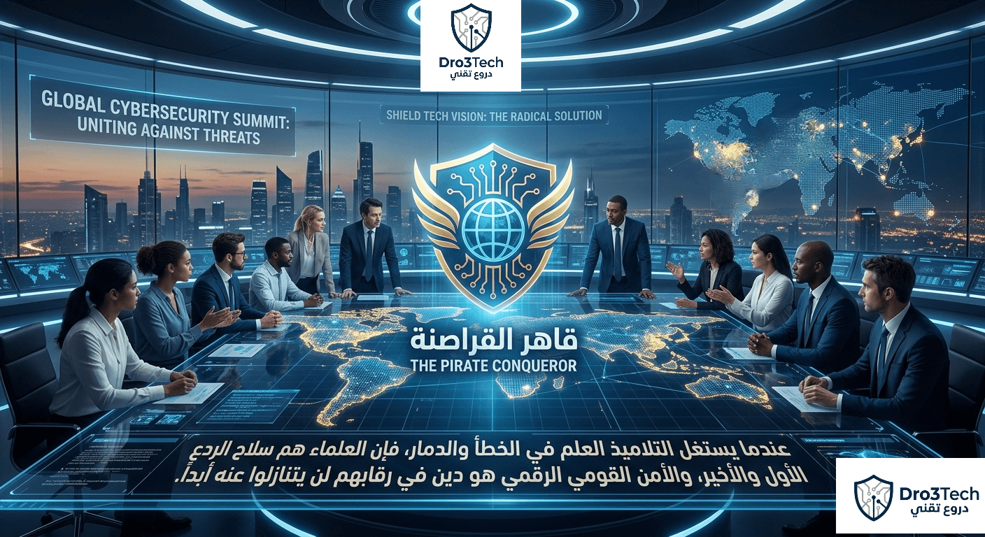 مشهد لاجتماع قمة عالمي يجمع خبراء الأمن السيبراني حول طاولة مضيئة بخريطة العالم، يتوسطهم درع "قاهر القراصنة" الرقمي كرمز للتحالف التقني الموحد لحماية الأمن القومي الرقمي.