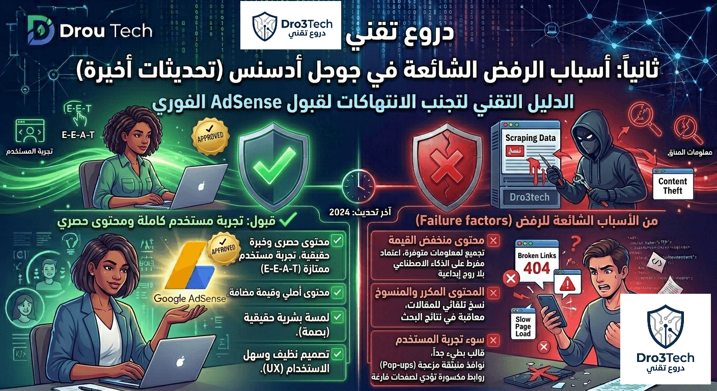 ​إنفوجرافيك تحذيري من دروع تقني (Dro3tech) يظهر أسباب الرفض الشائعة لـ Google AdSense في هيئة لوحة تحكم تقنية محطمة. يشرح التصميم المحتوى منخفض القيمة، المحتوى المكرر، وسوء تجربة المستخدم كـأعطال تقنية.