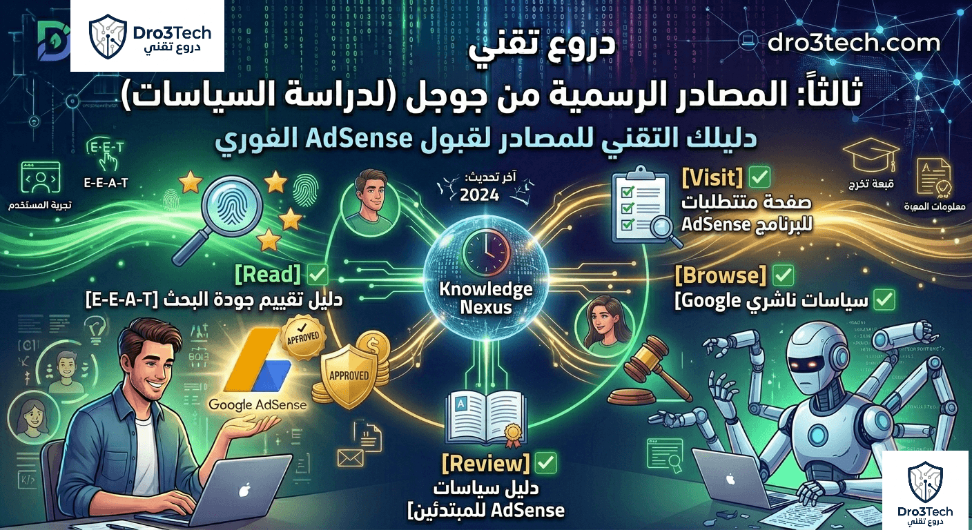 إنفوجرافيك حصري من موقع دروع تقني (Dro3tech) يوضح أهم المصادر الرسمية من جوجل أدسنس مثل صفحة المتطلبات، دليل السياسات، ومعايير E-E-A-T لضمان قبول الموقع وتجنب الرفض.