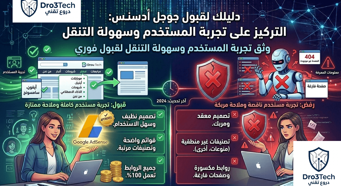 إنفوجرافيك يوضح أهمية سهولة التنقل وتجربة المستخدم (Site Navigation) وخلو الموقع من الروابط المكسورة لضمان قبول جوجل أدسنس.