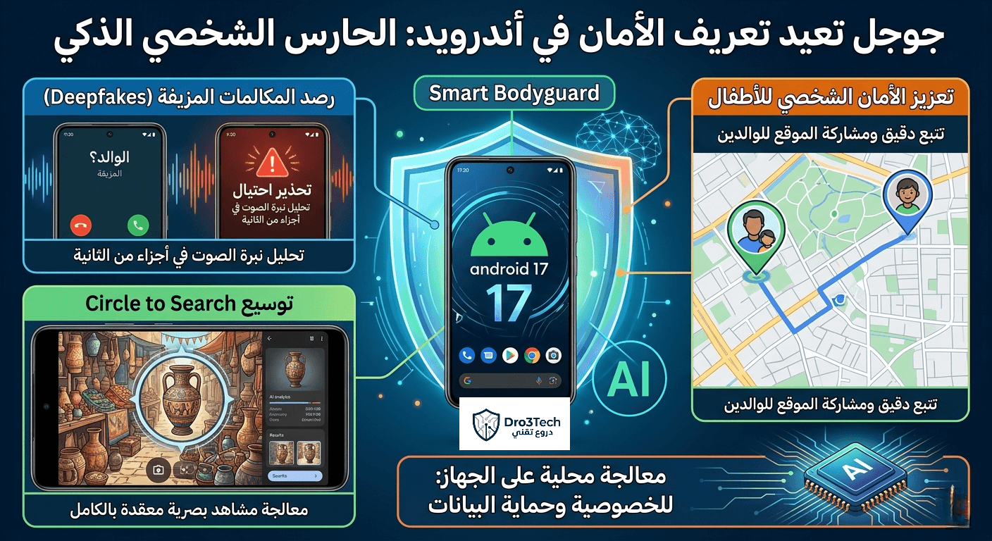 إنفوجرافيك يوضح ميزات الأمان المدعومة بالذكاء الاصطناعي في أندرويد 17، تشمل رصد المكالمات المزيفة (Deepfakes)، وتتبع موقع الأطفال، وتوسيع قدرات Circle to Search."