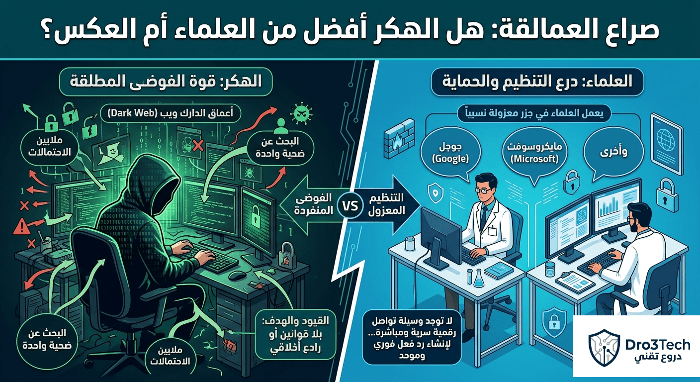 رسم توضيحي يقارن بين الهكر في بيئة الدارك ويب المليئة بالفوضى المطلقة والبحث عن ضحية واحدة، وبين علماء الأمن السيبراني الذين يعملون في بيئة منظمة ومستقلة داخل شركات مثل مايكروسوفت وجوجل.