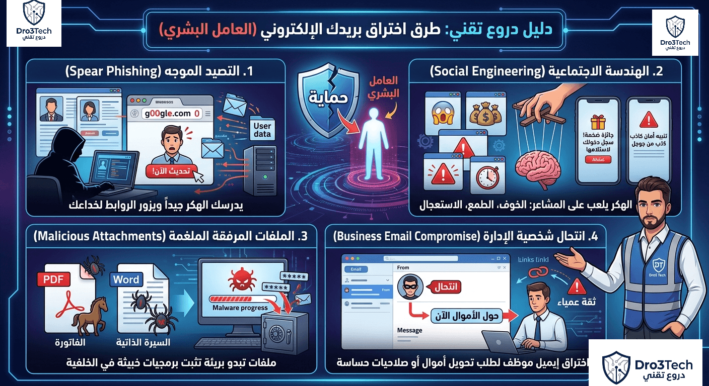 إنفوجرافيك يوضح أشهر 4 طرق لاختراق البريد الإلكتروني بالاعتماد على العامل البشري، تشمل التصيد الموجه، الهندسة الاجتماعية، الملفات الملغمة، وانتحال شخصية الإدارة.