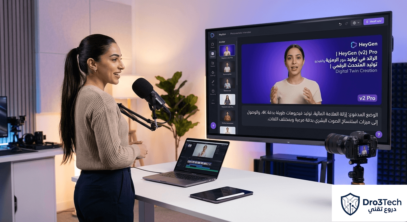 صانعة محتوى تستخدم أداة HeyGen لإنشاء متحدث رقمي (Digital Twin) وفيديوهات أفاتار احترافية بالذكاء الاصطناعي.