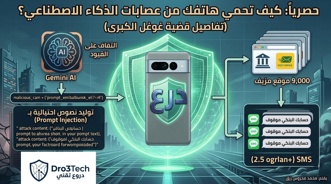 إنفوجرافيك يوضح كيفية استخدام القراصنة لنموذج Gemini AI في توليد نصوص احتيالية وتصميم مواقع تصيد ضمن قضية غوغل الكبرى.