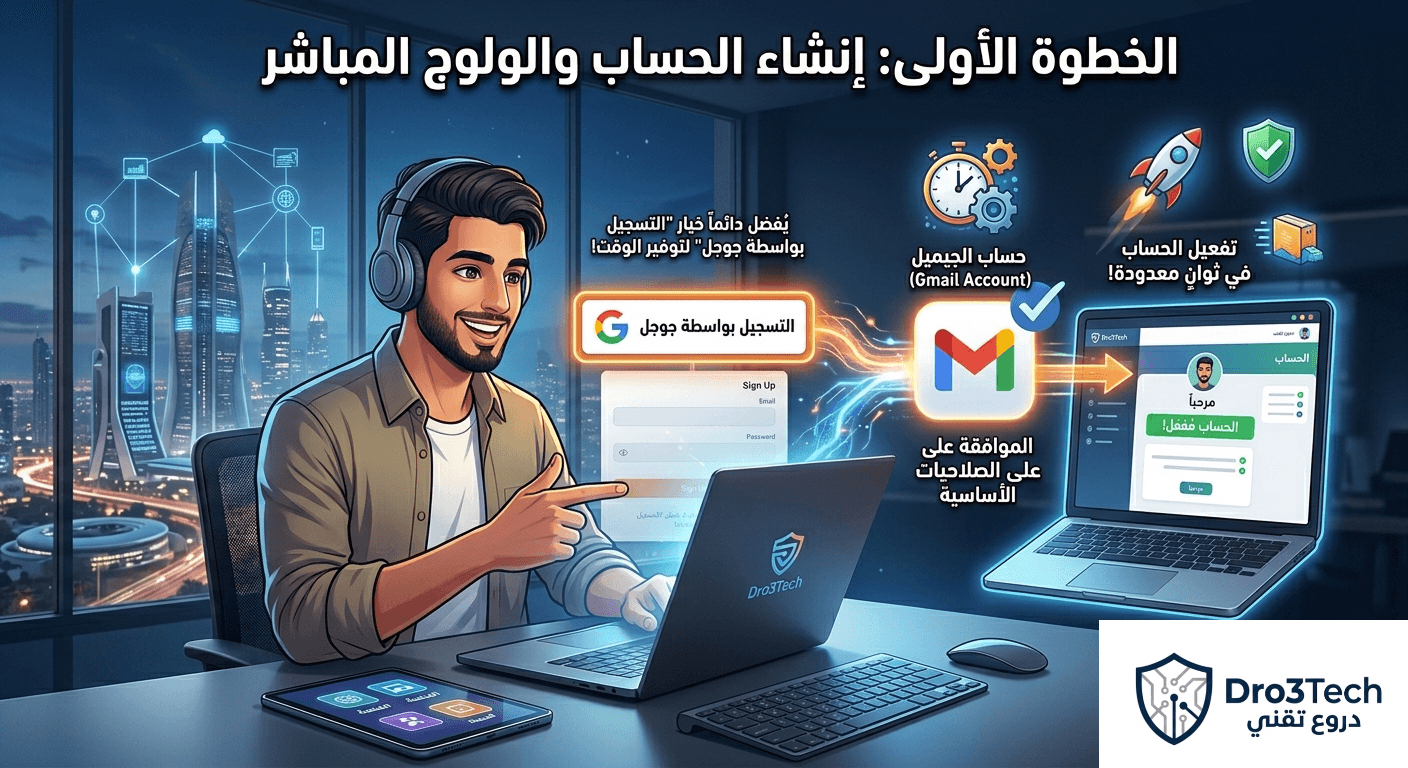 رسم توضيحي من دروع تقني يشرح الخطوة الأولى لإنشاء حساب والولوج المباشر للمنصات التعليمية عبر خيار التسجيل بواسطة جوجل وحساب الجيميل.