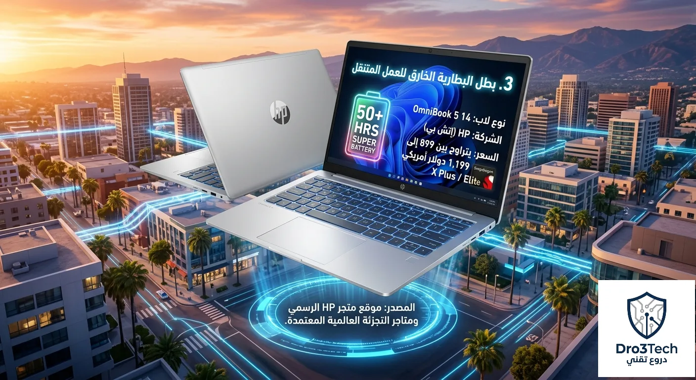 لابتوب HP OmniBook 5 14 فضي مفتوح يطفو فوق مدينة ذكية وقت الغروب، مع شاشته مضيئة تعرض واجهة عمل ونص بالعربية: '3. بطل البطارية الخارق للعمل المتنقل' ومعلومات تقنية أخرى وشعار dro3tech@.