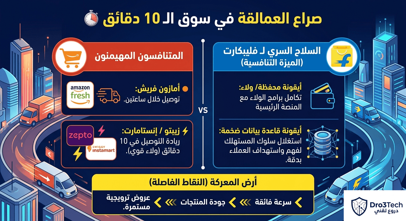 مخطط بياني للمنافسة في التجارة السريعة بالهند بين فليبكارت، أمازون فريش، وزيبتو.