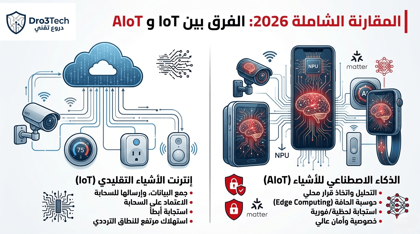 المقارنة الشاملة 2026: الفرق بين إنترنت الأشياء التقليدي (IoT) والذكاء الاصطناعي للأشياء (AIoT)