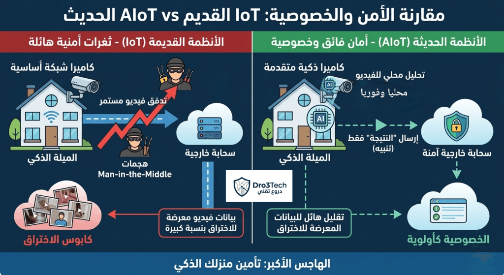 ​رسم بياني (انفوجرافيك) يقارن بين الأمان والخصوصية في أنظمة IoT القديمة والأنظمة AIoT الحديثة في المنازل الذكية. يظهر المنزل الأيسر إرسال فيديو كامل لسحابة غير آمنة معرضة لهجمات Man-in-the-Middle من قِبل هكر، مع كابوس اختراق البيانات، بينما يظهر المنزل الأيمن تحليل فيديو محلي (شريحة AI مدمجة) وإرسال تنبيه فقط لسحابة آمنة، مما يوفر أمانًا فائقًا وخصوصية كأولوية. يشمل النص العربي المقارنة الكاملة، من ثغرات هائلة إلى تقليل هائل للبيانات المعرضة للاختراق. الهاجس الأكبر: تأمين منزلك الذكي.