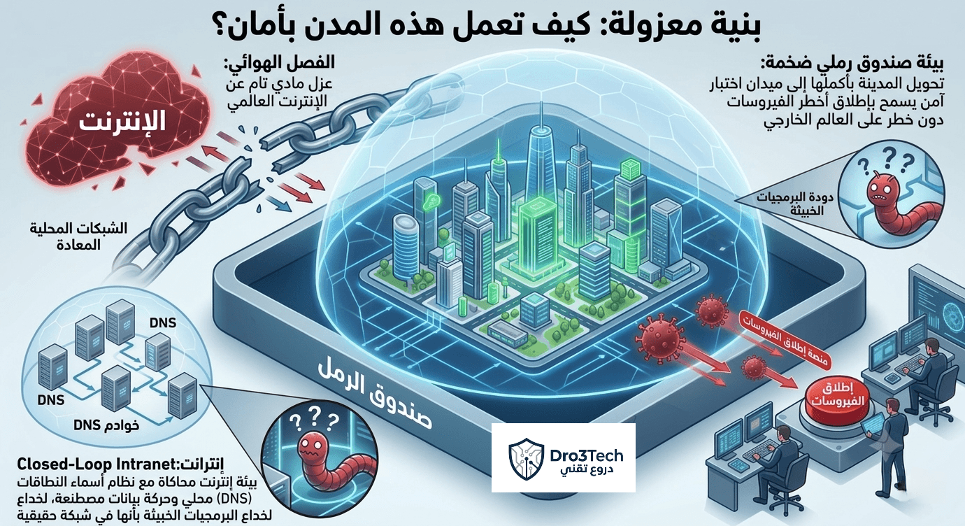 إنفوجرافيك يشرح معمارية المدن السيبرانية المعزولة وتقنيات العزل المادي (Air-Gapping) وصناديق الرمل (Sandboxing) لاختبار الفيروسات بأمان