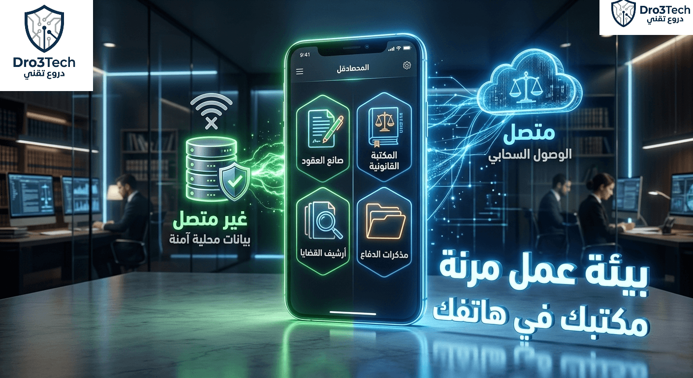 صورة توضيحية ثلاثية الأبعاد لهاتف ذكي في مكتب محاماة متطور ومضاء خافتاً، يعمل كمركز تحكم قانوني متكامل. يعرض الهاتف واجهة تطبيق "درع تك" بأربعة أزرار هولوغرامية مضيئة: صانع العقود، المكتبة القانونية، أرشيف القضايا، ومذكرات الدفاع. على اليسار، خادم محلي يرمز للعمل "غير متصل" (Offline) مع عبارة "بيانات محلية آمنة". على اليمين، شبكة تتصل بسحابة ترمز للعمل "متصل" (Online) مع عبارة "الوصول السحابي". في المقدمة، نص عائم باللون الأزرق: "بيئة عمل مرنة" و"مكتبك في هاتفك".