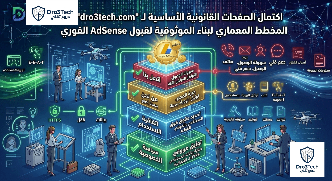 ​إنفوجرافيك مفصل يشرح شرط اكتمال الصفحات القانونية الأساسية لقبول جوجل أدسنس، ويوضح كيفية توثيق موثوقية الموقع عبر سياسة الخصوصية، اتفاقية الاستخدام، من نحن، واتصل بنا.