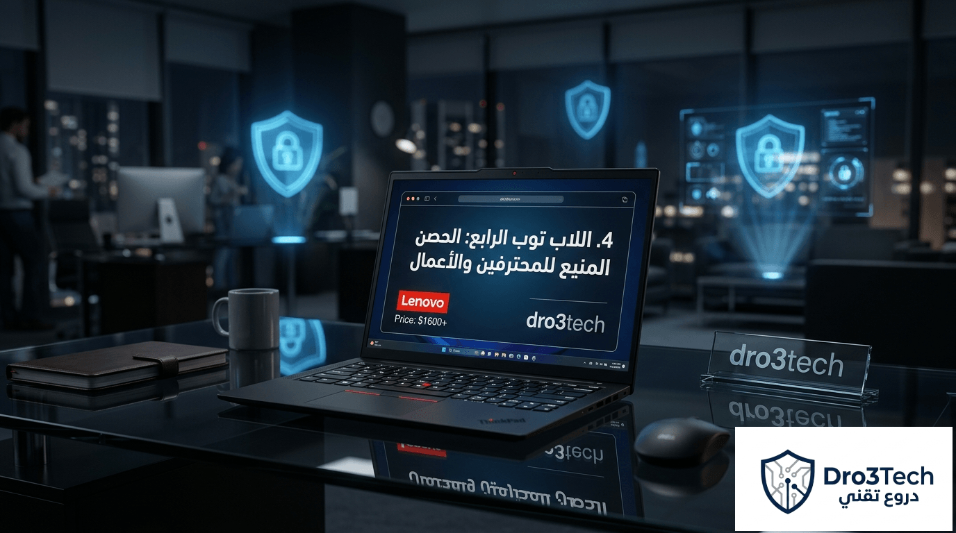 لابتوب Lenovo ThinkPad X1 Carbon باللون الأسود الكربوني مفتوح على مكتب احترافي داكن، شاشته تعرض نص "الحصن المنيع للمحترفين والأعمال" مع تفاصيل السعر وشعار dro3tech، وتظهر في الخلفية رموز حماية سيبرانية لتعزيز فكرة الأمان.