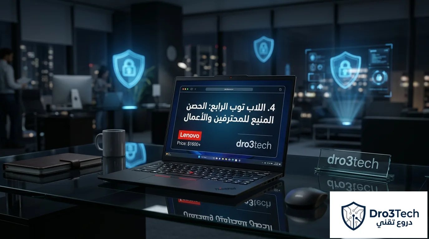 لابتوب Lenovo ThinkPad X1 Carbon باللون الأسود الكربوني مفتوح على مكتب احترافي داكن، شاشته تعرض نص "الحصن المنيع للمحترفين والأعمال" مع تفاصيل السعر وشعار dro3tech، وتظهر في الخلفية رموز حماية سيبرانية لتعزيز فكرة الأمان.