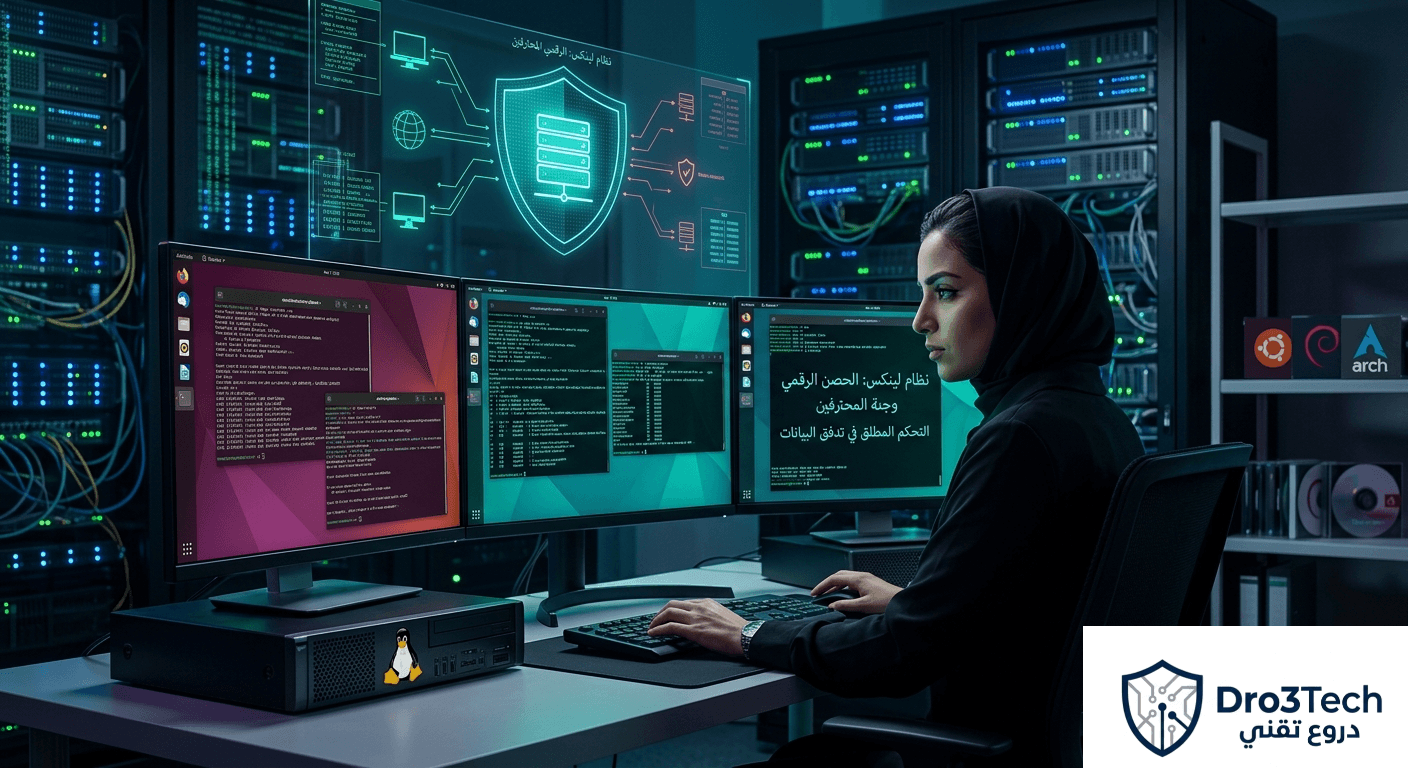 ​صورة لمحترفة في الأمن السيبراني تستخدم توزيعات نظام لينكس لإدارة الخوادم وتحليل الشبكات داخل بيئة سيرفرات متقدمة.