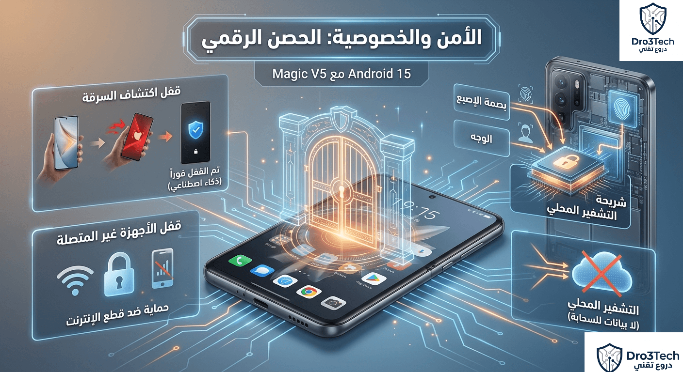 مخطط معلومات تقني يعرض ميزات الأمان للهاتف الذكي Magic V5، بما في ذلك الأقفال المستندة إلى الذكاء الاصطناعي والتشفير المحلي.