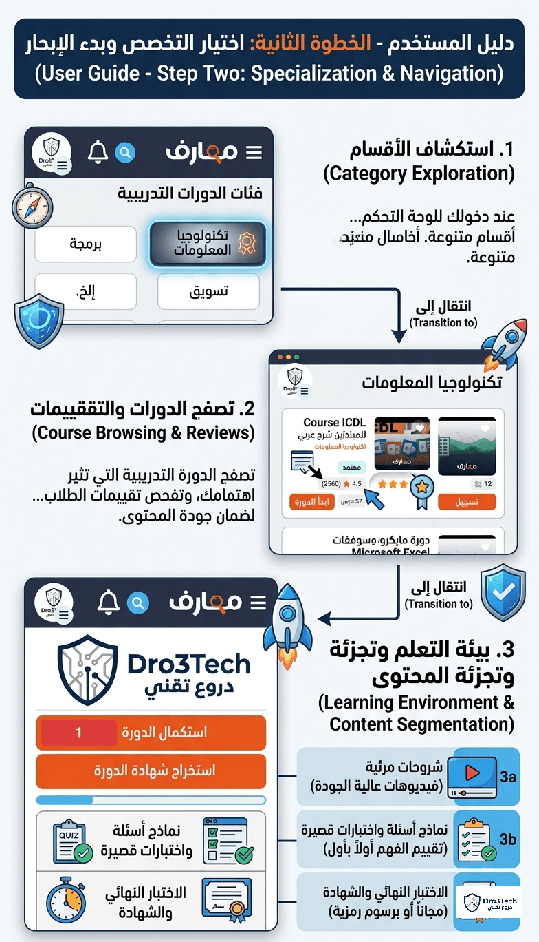 دليل مستخدم مصور من دروع تقني يشرح الخطوة الثانية لاختيار التخصص وتصفح الكورسات وبدء الدراسة داخل منصة معارف التعليمية.