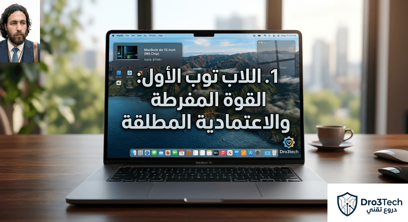 لابتوب MacBook Air مقاس 15 بوصة بمعالج M5 مفتوح على مكتب، يعرض شاشة مكتوب عليها بالعربية "القوة المفرطة والاعتمادية المطلقة" ومعلومات تقنية وشعار Dro3tech.