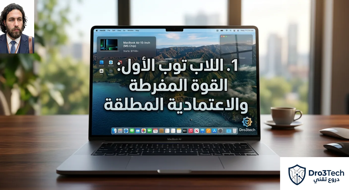 لابتوب MacBook Air مقاس 15 بوصة بمعالج M5 مفتوح على مكتب، يعرض شاشة مكتوب عليها بالعربية "القوة المفرطة والاعتمادية المطلقة" ومعلومات تقنية وشعار Dro3tech.