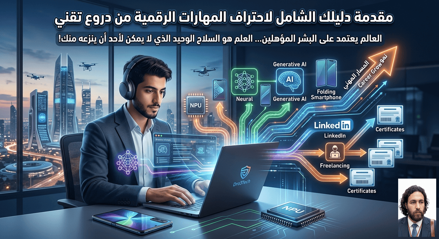 صورة تعبيرية لمقال مقدمة دليلك الشامل لاحتراف المهارات الرقمية من دروع تقني، تظهر شاباً عربياً يتعلم عبر الإنترنت مع أيقونات تكنولوجية ومسارات للنمو المهني والشهادات.