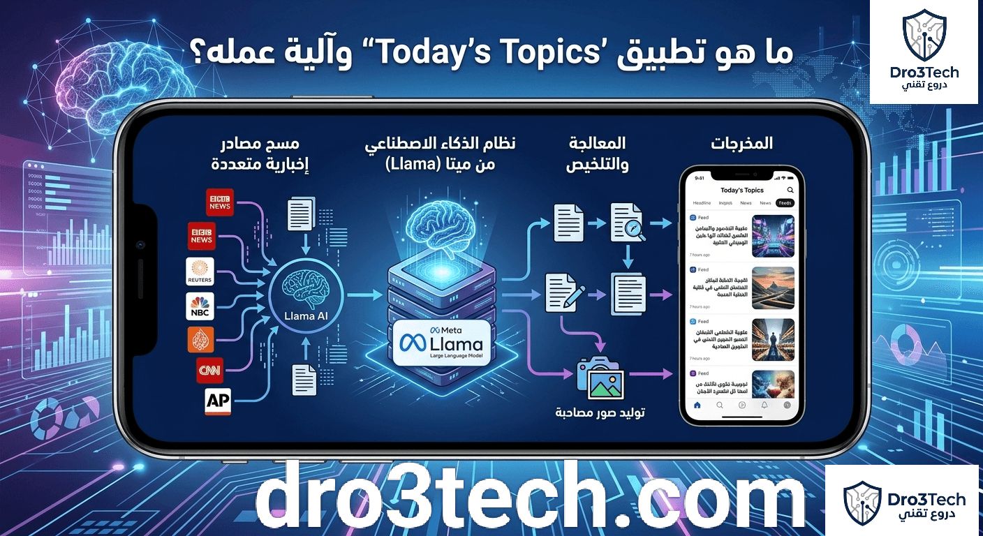 ​"رسم توضيحي يشرح آلية عمل تطبيق Today's Topics الإخباري من ميتا، وكيف يستخدم نموذج Llama للذكاء الاصطناعي في مسح مصادر الأخبار، تلخيص المقالات، وتوليد الصور تلقائياً."