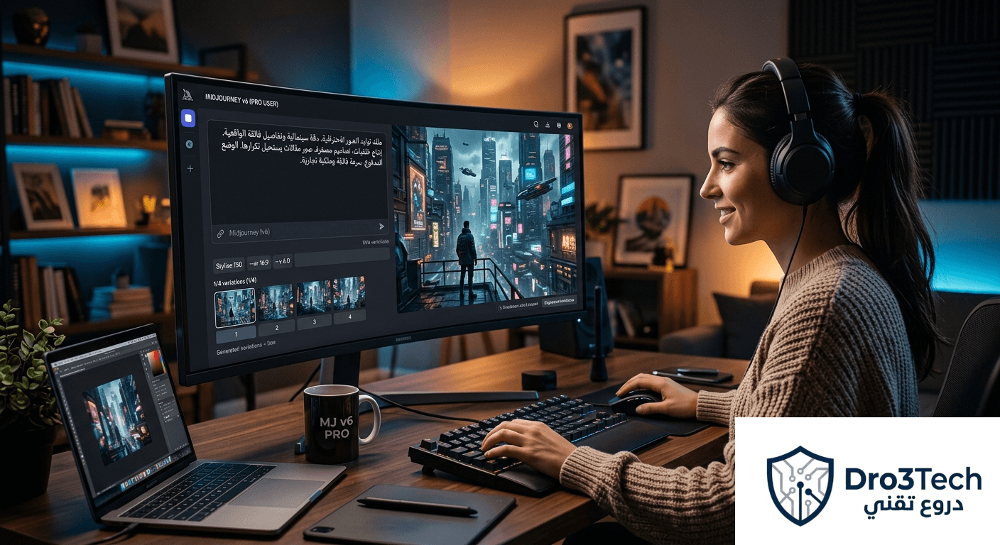 محترف يستخدم منصة Midjourney v6 لتوليد صور فنية مستقبلية بالذكاء الاصطناعي عبر شاشة احترافية.