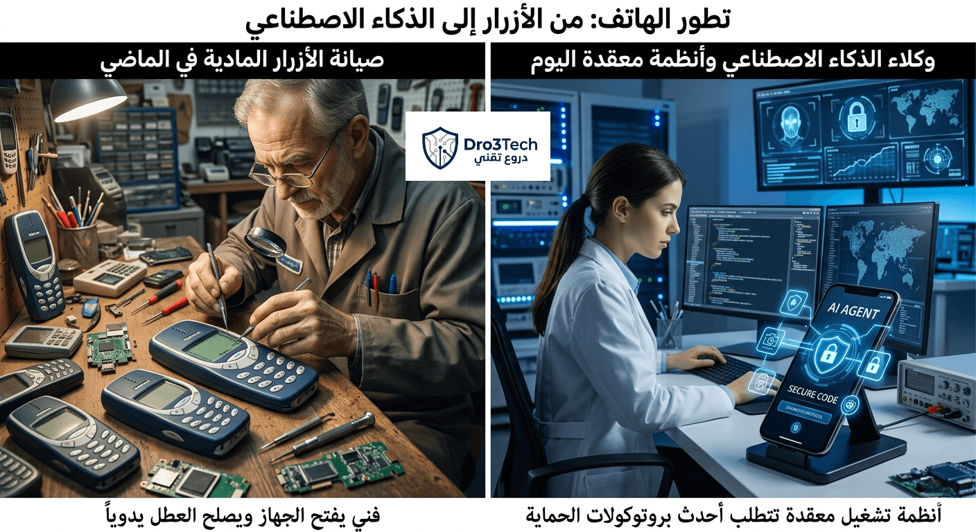 مقارنة توضح الفرق بين الصيانة اليدوية لهواتف الأزرار القديمة، وبين الهواتف الذكية الحديثة التي تعتمد على وكلاء الذكاء الاصطناعي وأنظمة التشغيل المعقدة.