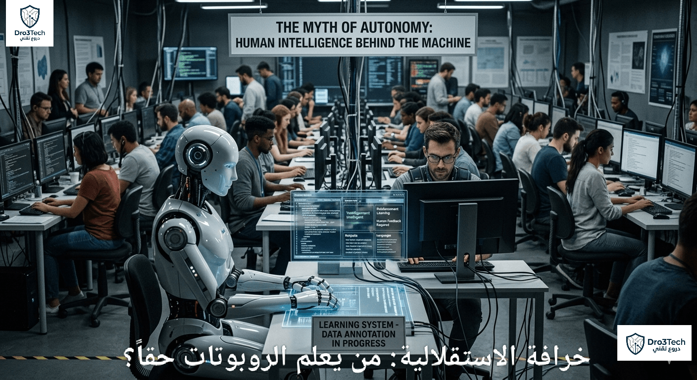 روبوت يجلس أمام شاشة بينما يقوم جيش من الموظفين البشر خلف الكواليس بتنقيح البيانات وتدريب خوارزميات الذكاء الاصطناعي يدوياً.