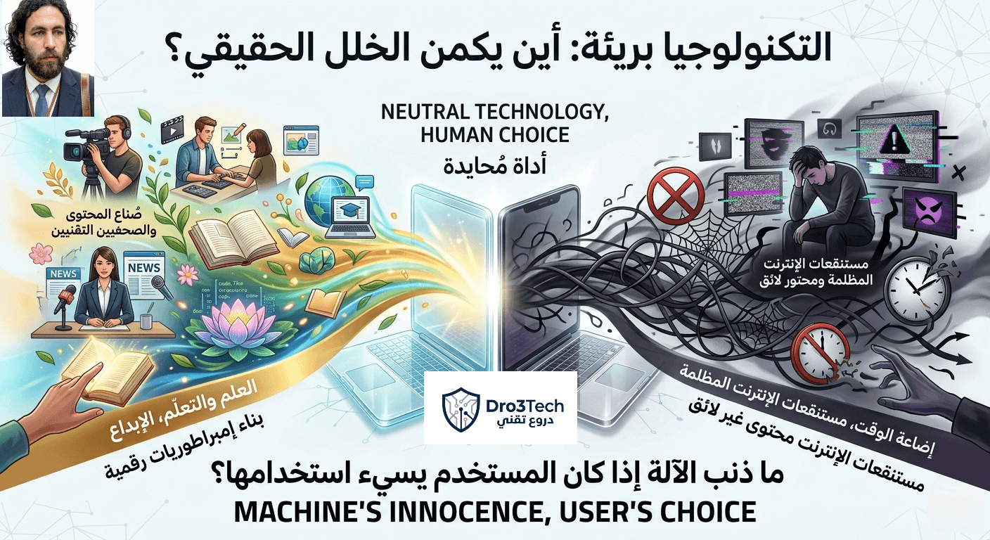 إنفوجرافيك يوضح حيادية التكنولوجيا بين الاستخدام الإيجابي في صناعة المحتوى والتعلم والإبداع، وبين الاستخدام السلبي في إضاعة الوقت ومستنقعات الإنترنت المظلمة.